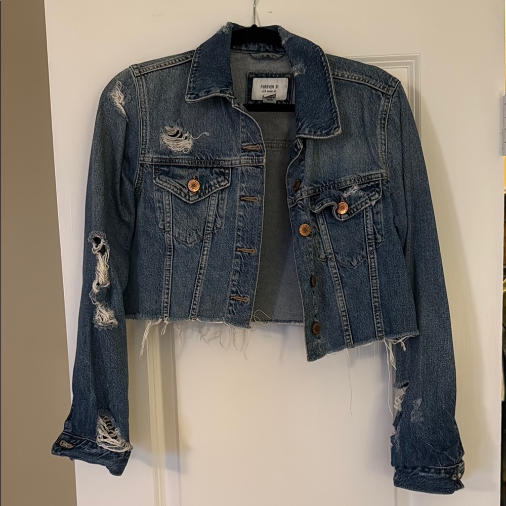 Forever 21 Cropped Distressed Blue Jean Jacket